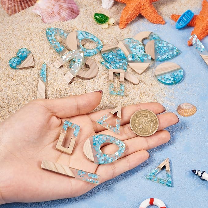 Beadthoven Sea Blue Charms for Earrings Making, 20pcs/10 Pairs Resin Wood Pendants DIY Women Necklace Wooden Pendants Supplies for Jewelry Making Bookmarks Ornaments Dangle Crafts