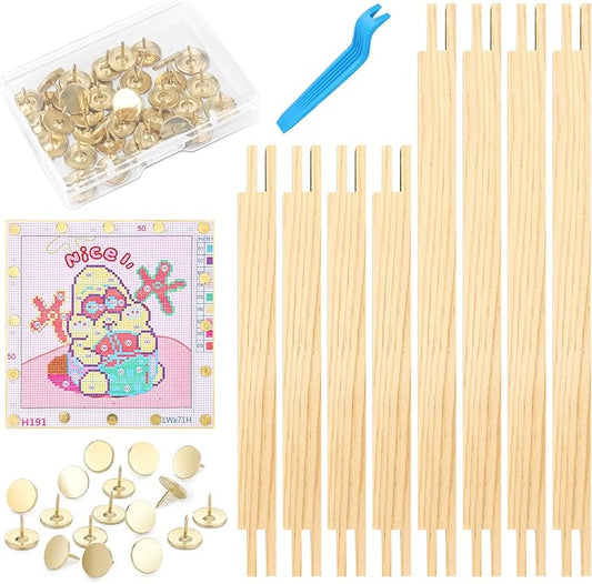 Czlotyh 8 PCS Needlepoint Stretcher Bars 2 Sizes Stretcher Bars for Needlework Wooden Canvas Art Supplies with 40 Thumb Tacks for Needlepoint Embroidery Stitch Frame Set Bundle with Crafts