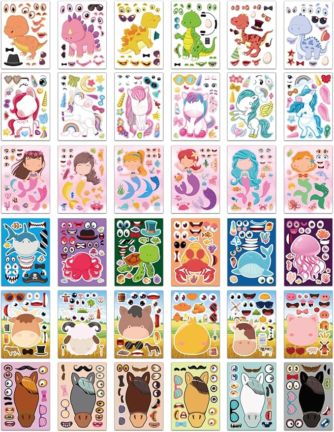aowplc 36 pcs make-a-face sticker sheets kids party favors mix and match stickers with dinosaurs, mermaids, unicorns, horses, farm & sea animals for parties, birthdays, classroom activities & crafts