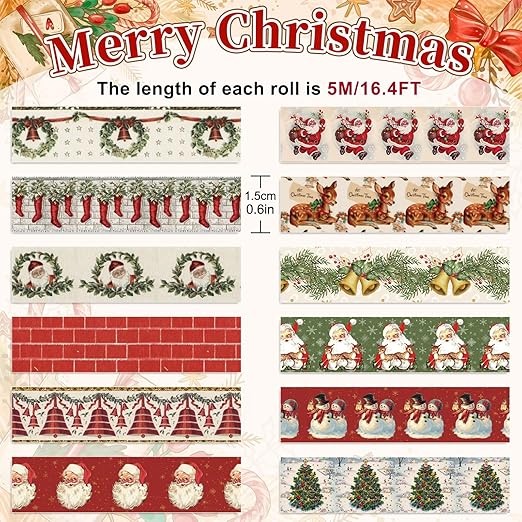 Whaline 12 Rolls Christmas Vintage Washi Tape Santa Claus Snowman Xmas Tree Bell Washi Tape Masking Decorative Party Gift Paper Tape for DIY Craft Scrapbook Decor Party Favor Supplies