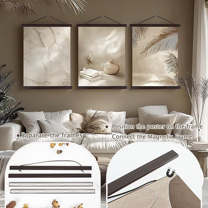 Artmag Magnetic Poster Hanger Frame, 34x22 34x23 34x48 Light Wood Wooden Magnet Canvas Artwork Print Poster Hangers Frames Hanging Kit (Walnut, 34")