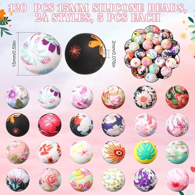 Ferreve 120 Pcs 15mm Silicone Beads Bulk Flower Silicone Beads Floral Print Rubber DIY Bracelet Making Kit for Keychain Making Pens Necklace Jewelry(Flower)