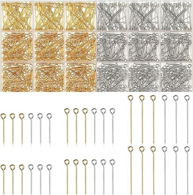 Junkin 1400 Pcs Eye Pins Mix Jewelry Findings 0.63 * 0.79 * 1.18 in Open Eye Head Pins Findings for Jewelry Making DIY Necklace Bracelets(Gold, Silver)