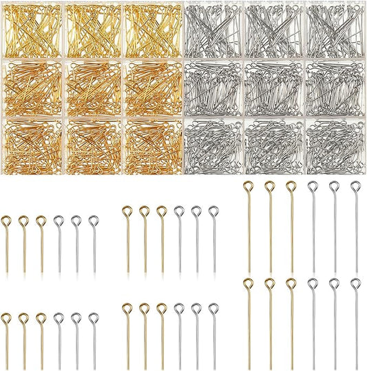 Junkin 1400 Pcs Eye Pins Mix Jewelry Findings 0.63 * 0.79 * 1.18 in Open Eye Head Pins Findings for Jewelry Making DIY Necklace Bracelets(Gold, Silver)