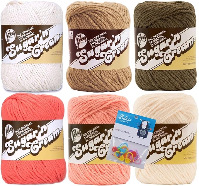 Lily Sugar'n Cream 100% Cotton Yarn 6-Pack Bundle with Bella's Crafts Stitch Markers (Desert Mix)