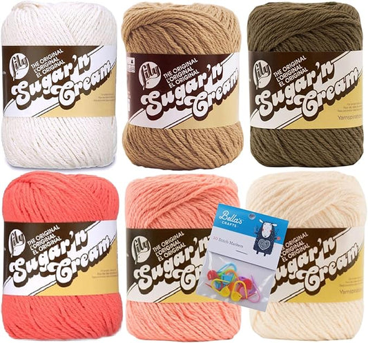 Lily Sugar'n Cream 100% Cotton Yarn 6-Pack Bundle with Bella's Crafts Stitch Markers (Desert Mix)