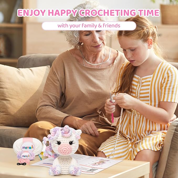 Mewaii Crochet Kit for Beginners Level 2 with 40% Extra Eco-Friendly Pre-Started Easy Yarn, Step-by-Step Video Tutorials for Adults and Kids (Pastel Unicorn)