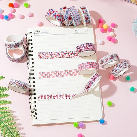 Patriotic Floral Washi Tape - 12 Rolls Red White Blue Flower Designs Acid Free Repositionable Adhesive Paper for Scrapbook Gift Wrapping Card Making Journal Independence Veterans Day Crafts
