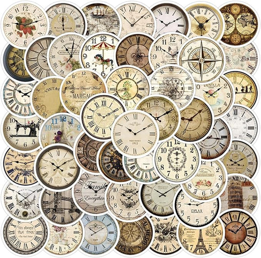 Retro Clock Stickers for Scrapbooking,50 Pcs Vintage Timepiece Decals, Waterproof Vinyl Stickers for Journals, Laptops, Home Decor, Ideal for Vintage Lovers Adults (Clock)
