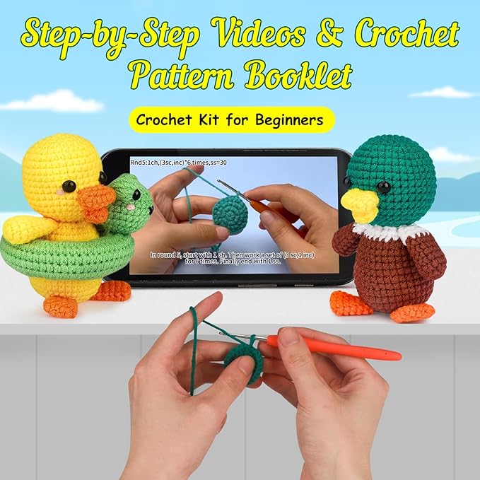 ekaus Crochet Kit for Beginners, Crochet Kit with Step-by-Step Video Tutorials, Crochet DIY Knitting Supplies for Adults, Crochet Ducks(45%+ Yarn)