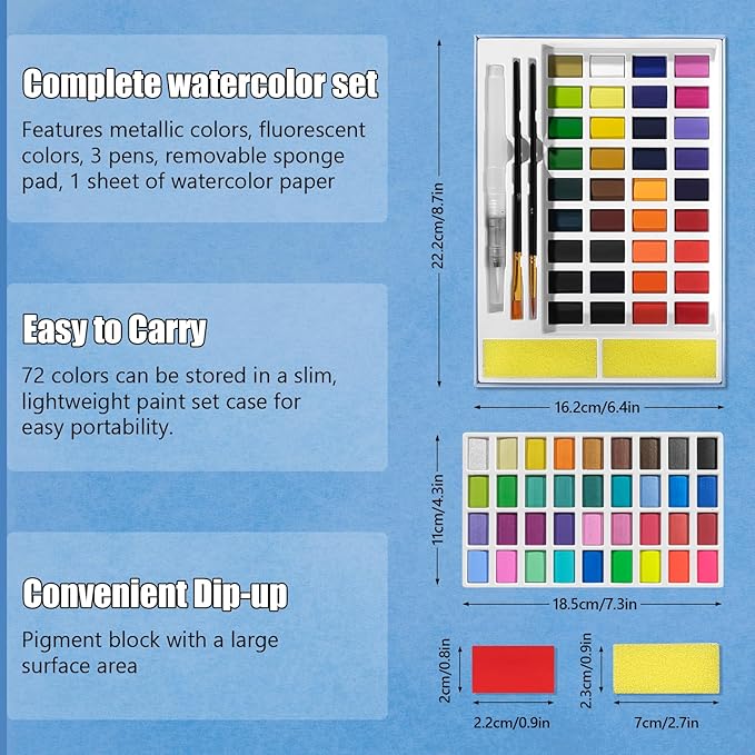 72 Colors Large Block Watercolor Paint Set for Watercolors Workbook, Portable Water Colors Paint Kit with 2 Paintbrushes 1 Waterbrush for Painting Beginners & Professional Amateur (72 Colors)