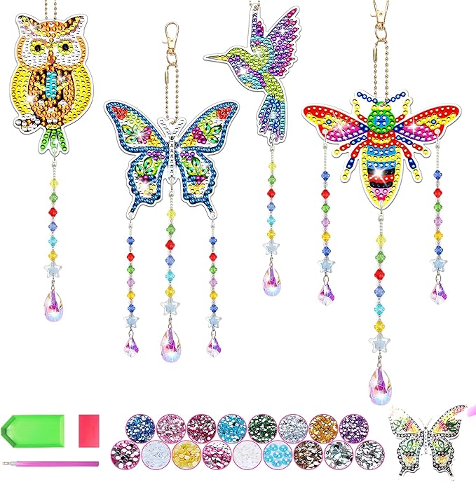 4pcs Diamond Painting Kit for Kids Ages 8-12, Birthday Gifts for 6 7 8 9 10 11 Year Old Girls Diamond Art Kits Crafts for Teen/Adults Wind Chimes Crystal Window Suncatcher for Home Garden Decor