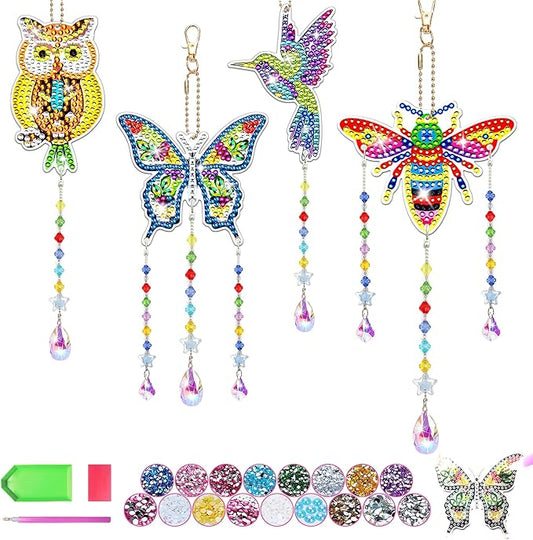 4pcs Diamond Painting Kit for Kids Ages 8-12, Birthday Gifts for 6 7 8 9 10 11 Year Old Girls Diamond Art Kits Crafts for Teen/Adults Wind Chimes Crystal Window Suncatcher for Home Garden Decor