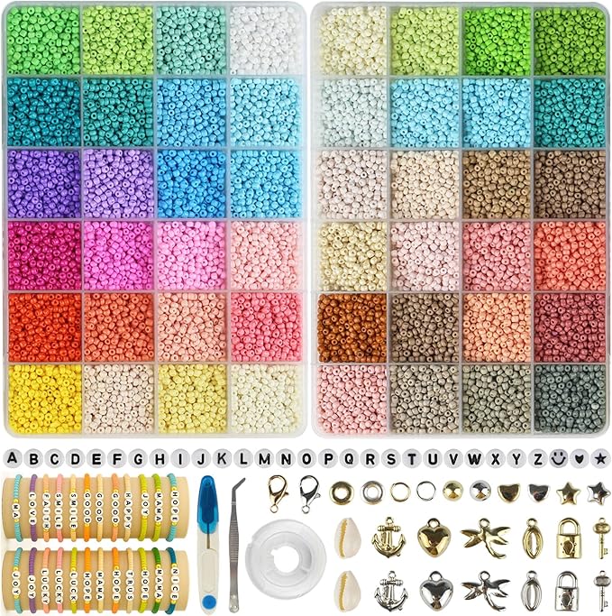 ALIRICH 21600Pcs 3mm Glass Seed Beads for Jewelry Making, 48 Colors Crafts Bead Kit with Letter Smile Face Star Love Heart Beads, Gold Silver Findings Beads for DIY Art Bracelets Necklaces for Women