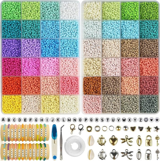 ALIRICH 21600Pcs 3mm Glass Seed Beads for Jewelry Making, 48 Colors Crafts Bead Kit with Letter Smile Face Star Love Heart Beads, Gold Silver Findings Beads for DIY Art Bracelets Necklaces for Women