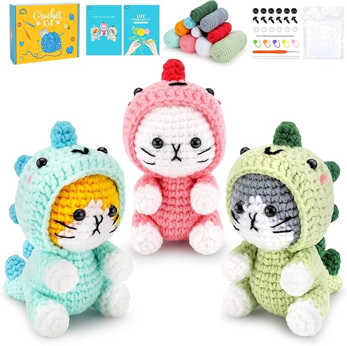Crochet Kit for Beginners - 3 PCS Dinosaur Cat Crochet Kits with Step-by-Step Video Tutorials, Beginner Crochet Kit for Adults, Crochet Animal Kit for Starters, Cat Dressed as Dinosaur Crochet Set