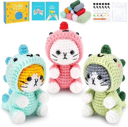 Crochet Kit for Beginners - 3 PCS Dinosaur Cat Crochet Kits with Step-by-Step Video Tutorials, Beginner Crochet Kit for Adults, Crochet Animal Kit for Starters, Cat Dressed as Dinosaur Crochet Set