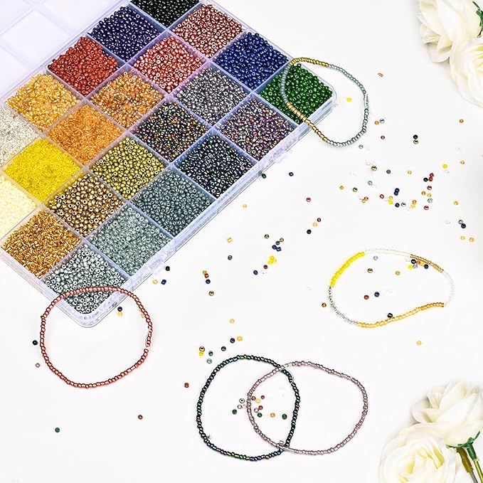 Vtssvow 2mm Glass Seed Beads for Bracelets Making, 24 Colors 22000pcs Friendship Bracelet Making Kit, Small Glass Beads for Jewelry Making (Mix 24 Color, Metallic)
