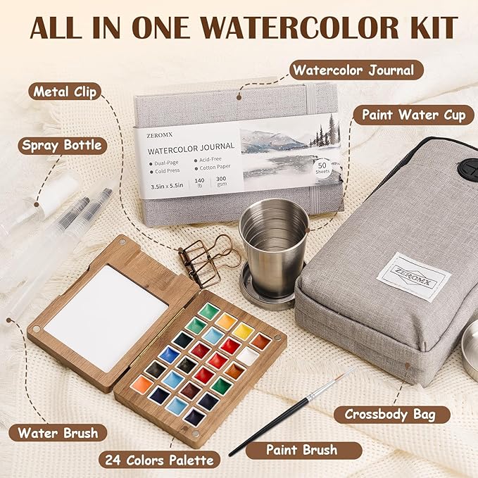 Mini Watercolor Paint Set, 24 Colors Mini Watercolor Travel Set, Pocket Travel Paint Kit with Watercolor Palette, Crossbody Bag, Watercolor Journal, Metal Clip, Water Cup, Spray Bottle, Water Brushes
