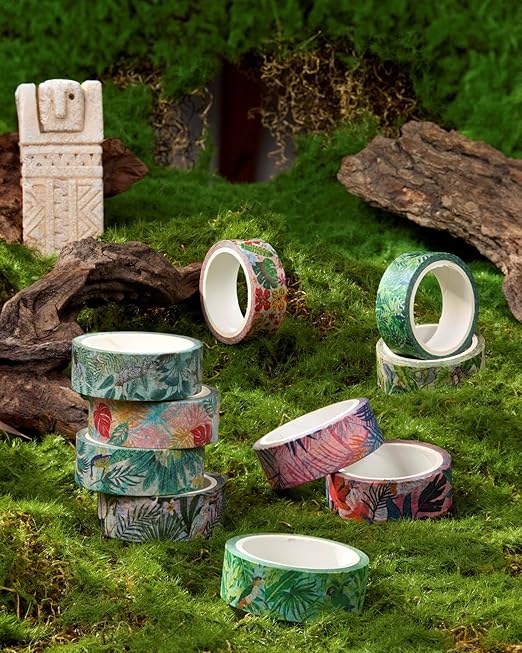 YUBX Plants Washi Tape Set in Painting Style 10 Rolls Tropical Rainforest Drawing Masking Animals Graphic Decorative Tapes for Arts, DIY Crafts, Journals, Planners, Scrapbook, Wrapping