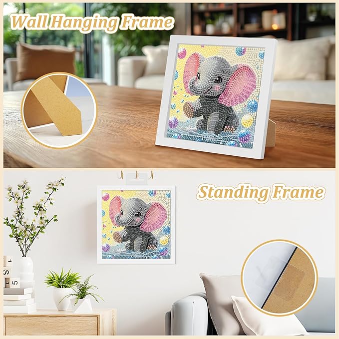 SENQAO Elephant Diamond Art Kit for Adults with Frame Art and Crafts for Adults Ages 6-8 -10-12 Easy to DIY Diamond Art for Adults and Adult Beginners Home Wall Decoration 7.1x7.1inch
