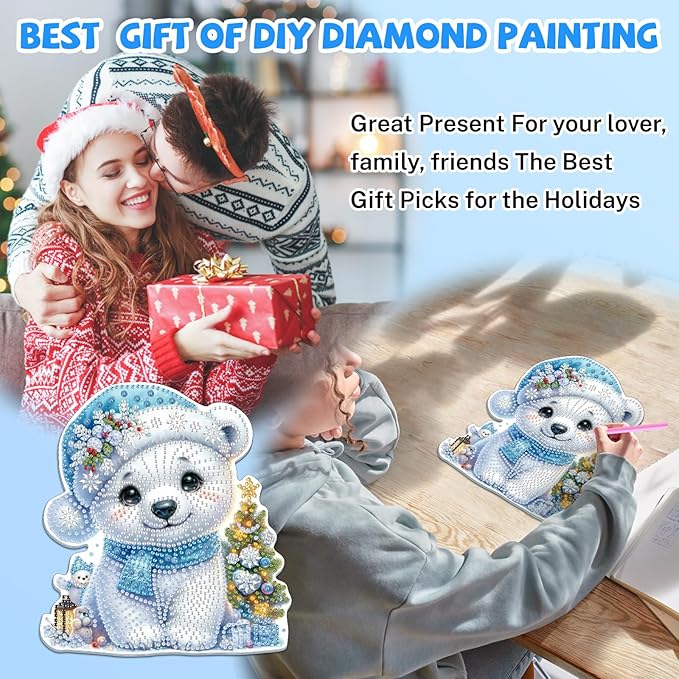 Bowetile Christmas Diamond Art Hanging Kits for Adults, 5D Special Shape Diamond Painting Kits Polar Bear, Crystal Gem Painting Arts and Crafts for Christmas Gifts for Home Garden Decor