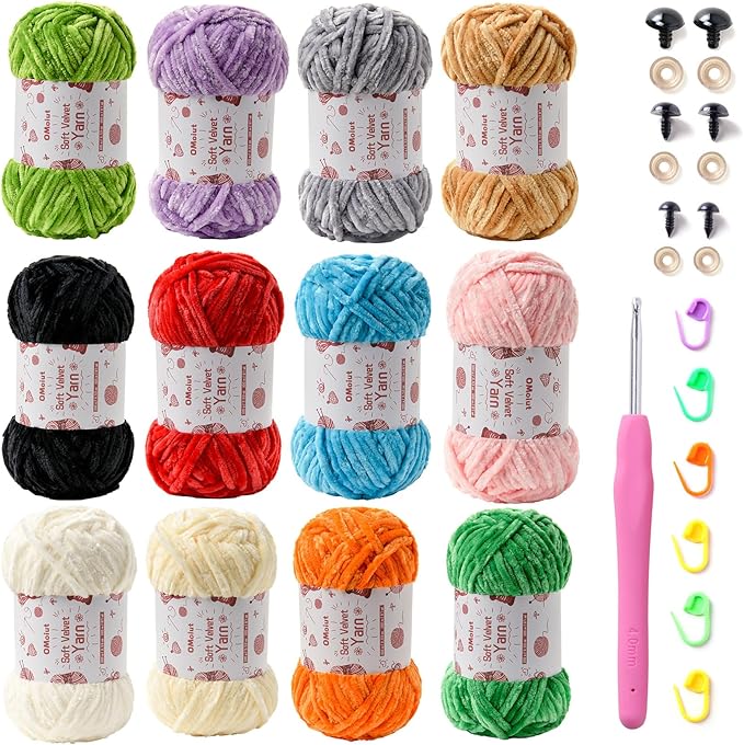 12 Pack Chenille Chunky Yarn - Baby Yarn for Crocheting Soft - White red Green Pink Yellow Blue Velvet Yarn Crochet Blanket - Amigurumi Yarns Pack with Crochet Accessories