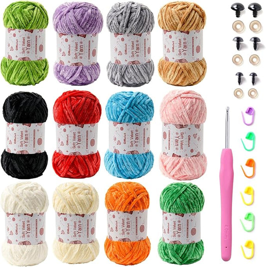 12 Pack Chenille Chunky Yarn - Baby Yarn for Crocheting Soft - White red Green Pink Yellow Blue Velvet Yarn Crochet Blanket - Amigurumi Yarns Pack with Crochet Accessories