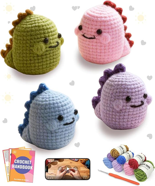 PAITIN Crochet Kit for Beginners – DIY Dinosaur Crochet Craft Project, Easy Handmade Yarn Art Kit for Adults with Step-by-Step Video Tutorial