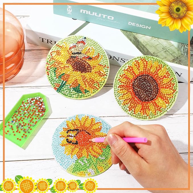 UPINS 8Pcs Sunflower Diamond Art Painting Coasters for Drinks DIY Coaster Diamond Art Kits for Adults Diamond Art Craft Supplies (Sunflower)