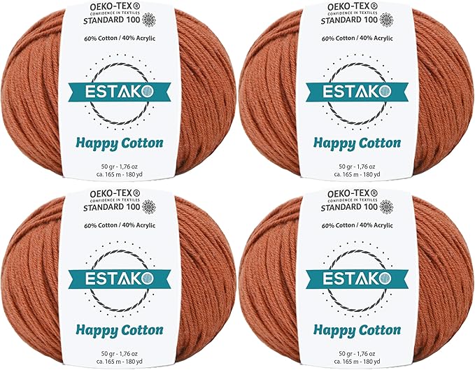 Estako Happy Cotton, (4 Skeins Pack) 60% Cotton 40% Acrylic Yarn, Soft, Fine/Sport (2) for Crochet and Knitting (4 x 1.76 Oz) / (4 x 180 Yrds) (4430 - Cinnamon)