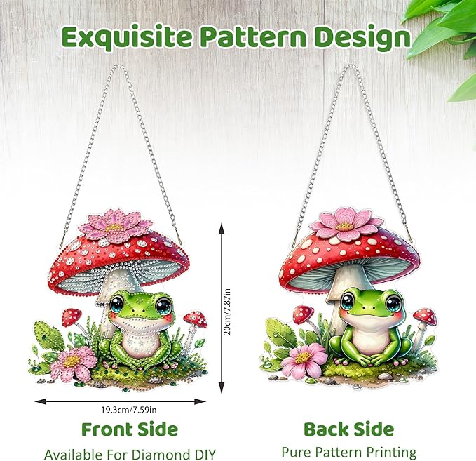 MEIYUDA Frog Diamond Art Hanging Kits for Adult, Mushroom Frog Diamond Painting Hanging Kits Ornaments, Animals DIY Special Shaped Rhinestone Window Pendants kit for Home Garden Wall Decor Gift