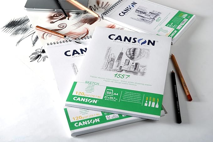 CANSON 1557 120gsm A4 White Sketch Paper Pad, Light Grain, Glued Short Side, 50 Extra White Sheets, Ideal for Professional Artists & Students