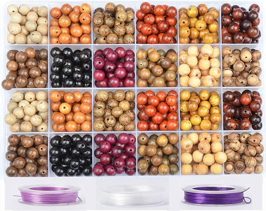 6mm Natural Mixed Wooden Round Loose Beads Jewelry Making KIT with Thread and Needles 960 PCS(12 Wooden, 6mm)