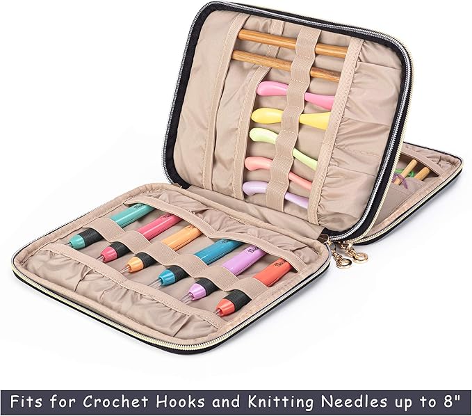 Teamoy Crochet Hook Case(up to 8”), Circular Knitting Needle Storage Bag, Travel Organizer Bag for Crochet Hook and Knitting Accessories, Black (Bag Only, Patent Design)