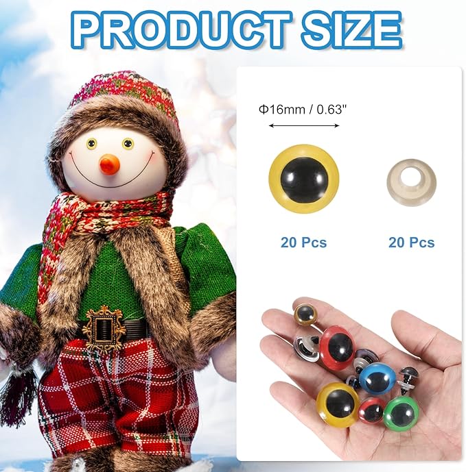 PATIKIL 16mm Safety Eyes, 20Pcs Realistic Doll Crocheting Safety Eyes with Washers for Decor Crochet Accessories Dolls Craft Halloween, Yellow