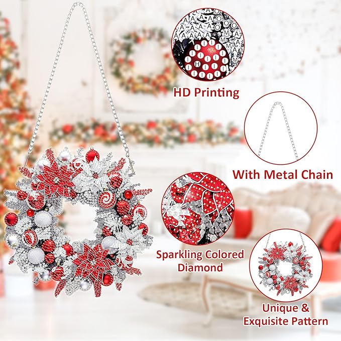 SENQAO Christmas Diamond Art Hanging Kits for Adults Kids, Christmas Wreath Diamond Art Suncatchers, 5D Special Shape Diamond Painting Pendant Window Ornament Gifts for Home Door Wall Decor