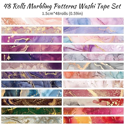 Mooker 48 Rolls Washi Tape Set - Decorative Masking Tape Colored Marbling Patterns, Adhesive Artists Tapes for Journaling Supplies, DIY Crafts, Scrapbooking, Junk Journal Supplies, School Supplies