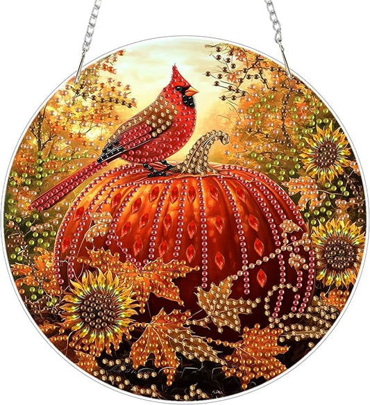 SENQAO Cardinal Diamond Art Hanging Kits for Adults Kids, Acrylic Diamonds Painting Pendant Board Kits Pumpkin, Diamond Art Painting Window Pendants Home Garden Wall Hanging Kits Hanging Ornament