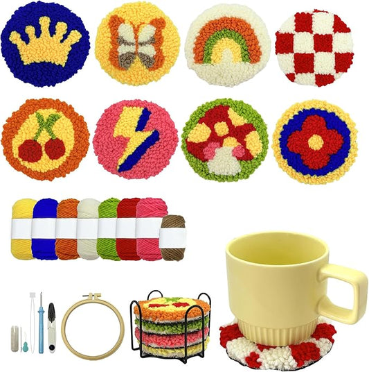 Punch Needle Kit for Beginners Adults Easy Needle Punch Embroidery Tool Set Including Threader Instruction Fabric Hoop Yarn Coaster DIY Making Kit Supplies,Set of 8 Vintage 80S Art Crafts Gifts