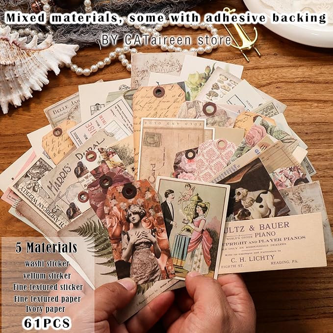 CATaireen Vintage Junk-Journal Mixed Paper Scrapbooking Embellishments Set Retro Journaling Decoupage Stickers Textured Packaging Decorative Cards Tags Kit (Old Photos 3)