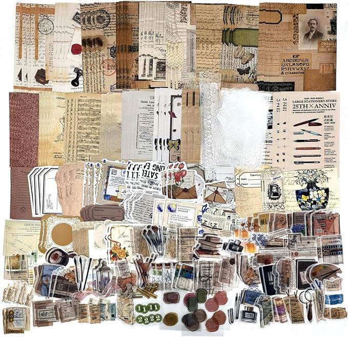 Esweny 260PCS Vintage Journaling Scrapbooking Supplies Scrapbook Sticker Paper Ephemera Pack for Junk Journal Planners Collage Craft Notebooks Album (Pen Ink and Letter)