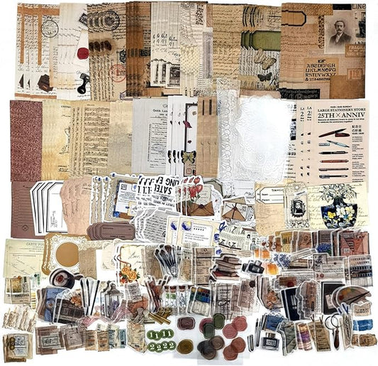 Esweny 260PCS Vintage Journaling Scrapbooking Supplies Scrapbook Sticker Paper Ephemera Pack for Junk Journal Planners Collage Craft Notebooks Album (Pen Ink and Letter)