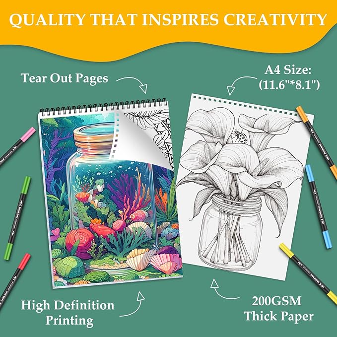 Coloring Book for Adults Relaxation, 24 Pages Adult Coloring Books for Women Stress Relief, Spiral Bound Coloring Books, Relaxing Gift for Women, Single-Sided Print Coloring Book of Joyful Jars