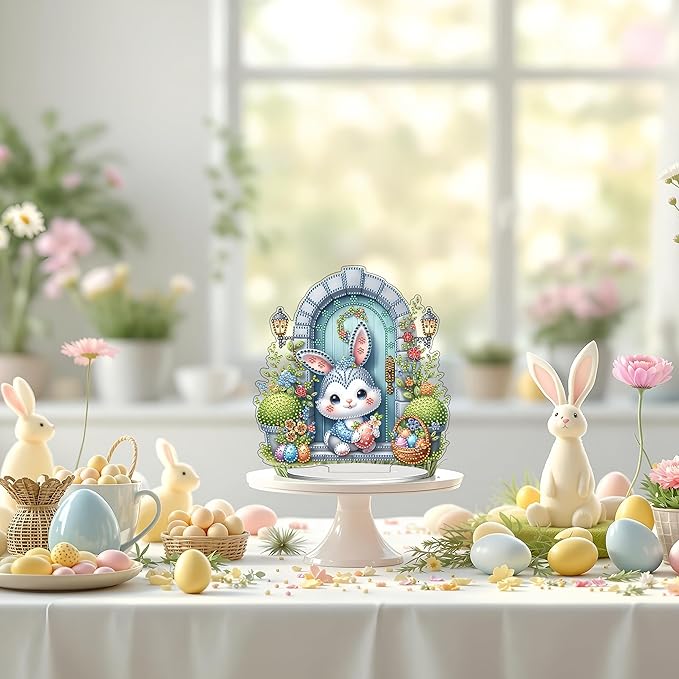 JJFox DIY Tabletop Diamond Art Painting Kit，Desktop Ornament Special Shaped Rhinestone Desk Placement Ornament，Home Stand Up Gem Painting Craft Kit Gift Double Sided (Easter Rabbit)