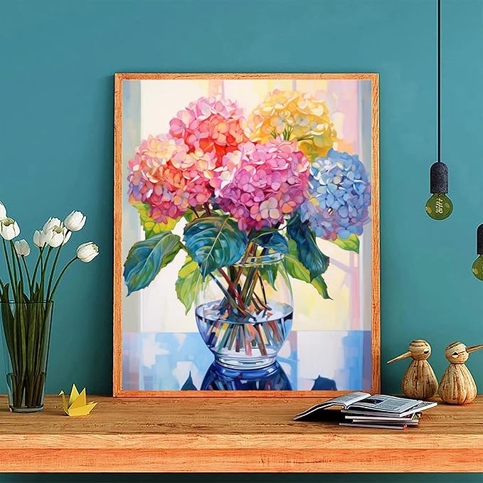 Hydrangea Paint by Numbers for Adults with Framed Canvas-with Wooden Easel,Vase Flower Paint by Number on Canvas,DIY Acrylic Oil Painting Kits with Brushes Nice Gift Box for Home Wall Decor(12x16inch)