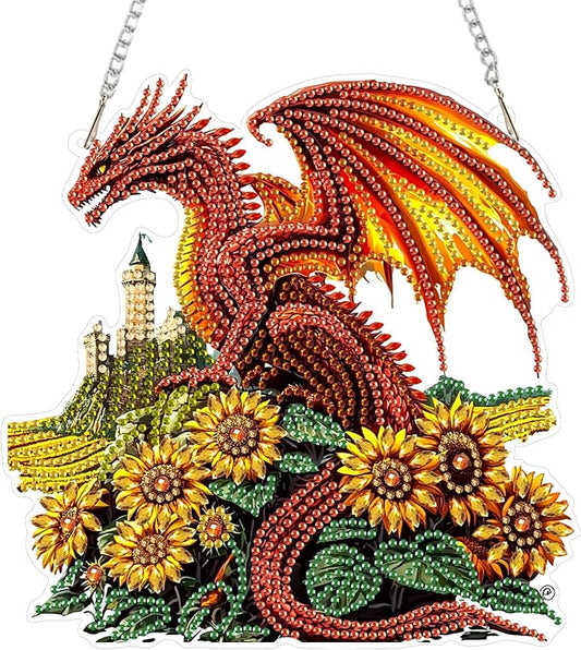 SENQAO Dragon Diamond Art Hanging Kit for Adult, Special Shaped Rhinestone, Double Sided DIY Acrylic Diamond Art Painting Window Pendants Home Garden Wall Hanging Kits Hanging Ornament (Sunflower)