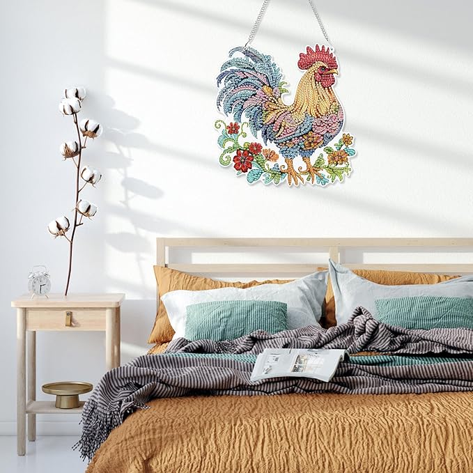 HEIBAG Rooster Hanging Diamond Art Kits for Adults, Chicken Special Shaped Crystal Diamond Painting Ornament Kit, DIY Double-Sided Pattern Window Pendant Gem Art Kit for Home Wall Decor 8.3x8.3inch