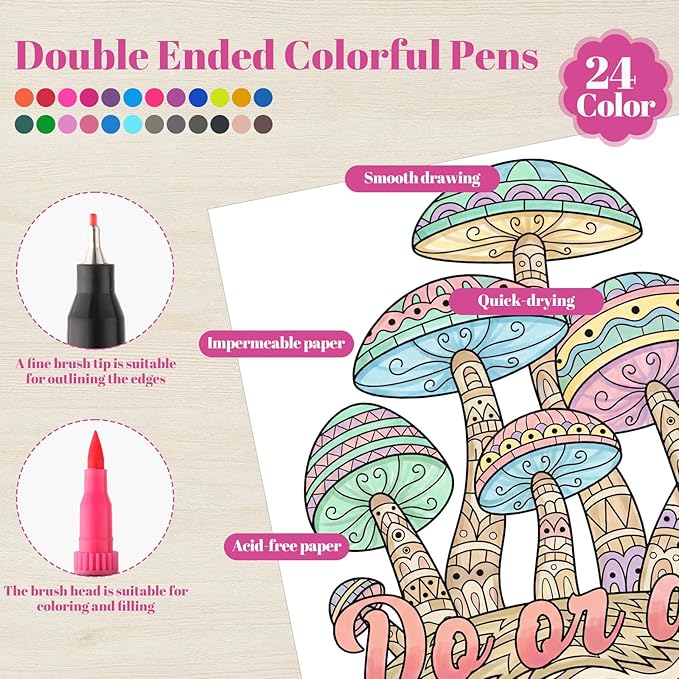 Adult Coloring Book Set for Relaxation, Spiral Bound Coloring Book for Women with 24 Colors Markers, Mindfulness Stress Relief 32 Patterns for Adults, Gift(7×8.2in)