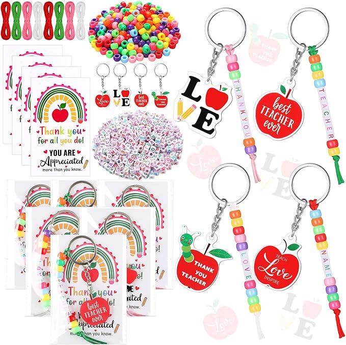 Suncalla 984 Pcs 24 Set Teacher Appreciation Gifts Keychain Making Kit DIY Cute Apple Charm Beads Key Chain Crafts Thank You for All You Do Adjustable Letter Cards Strings Kit Teacher Day Gift